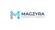 Logo with molecule design and text reading 'MAGZYRA MAGNETIC FIDGETS' on white background