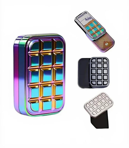 Colorful metallic fidget slider toy with geometric grid design, shown in multiple angles