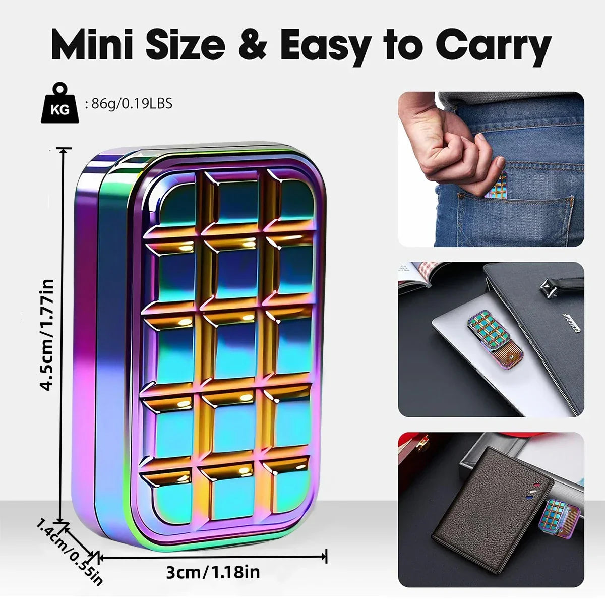 Mini rainbow metallic fidget toy, compact size for pocket or desk, easy to carry