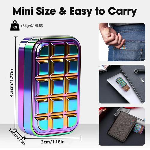 Mini rainbow metallic fidget toy, compact size for pocket or desk, easy to carry