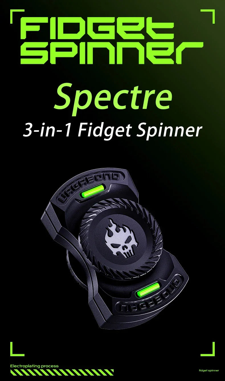 Black 3-in-1 fidget spinner Spectre with skull design and green LED accents