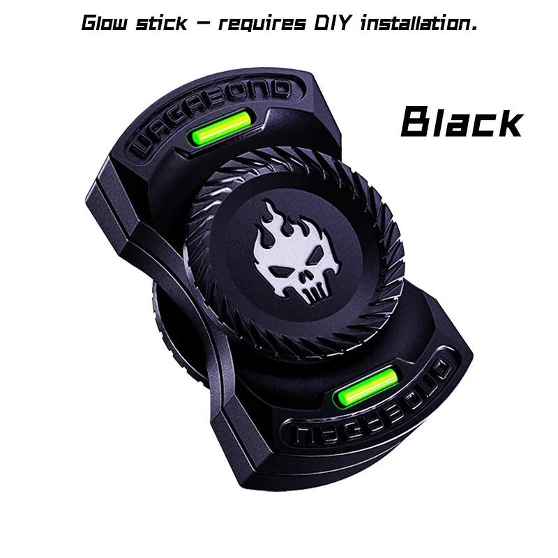 Black metal fidget spinner with glowing green accents and flame skull emblem, DIY installation required