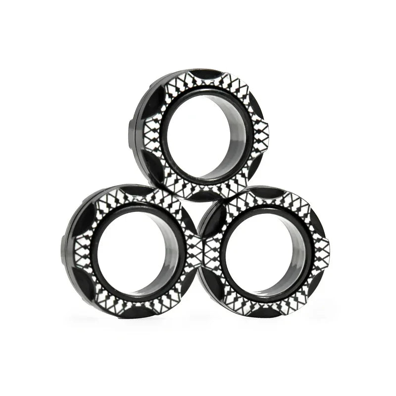 Three black and silver textured metal rings stacked in a pyramid on a white background.