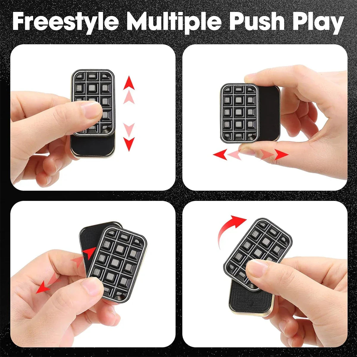 Hands demonstrating black fidget push toy with textured surface, multiple ways to play