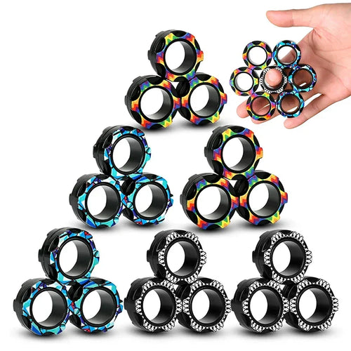 Colorful magnetic rings fidget toys in various patterns, hand holding one set