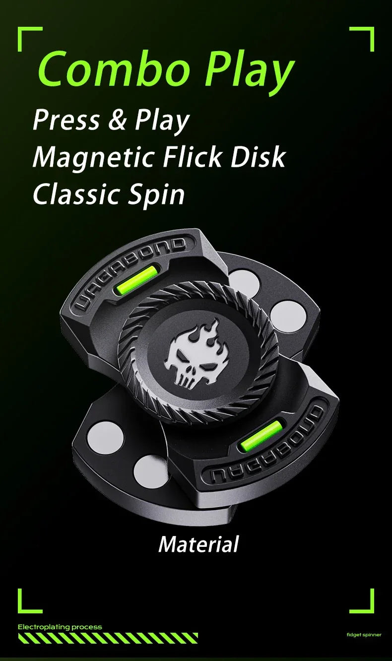 Black metal fidget spinner with skull design, green accents, and magnetic flick disk features.