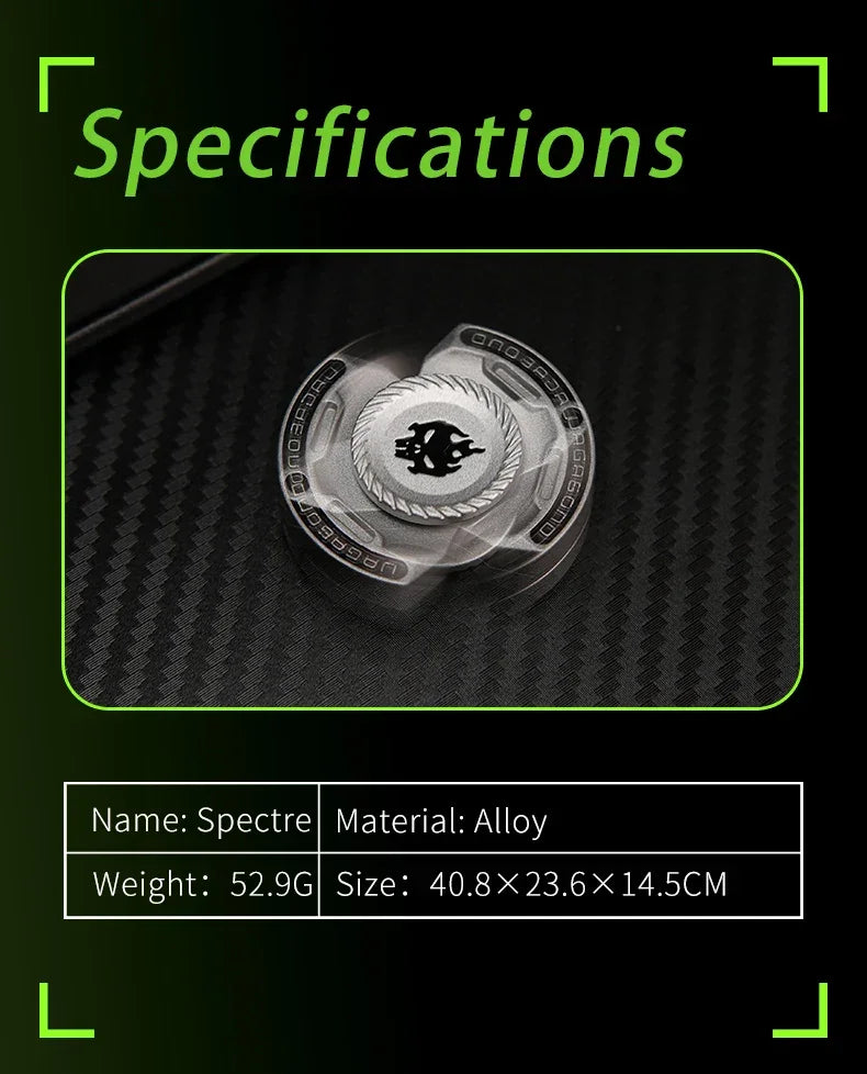 Silver alloy fidget spinner Spectre with lion emblem, specifications listed on black background