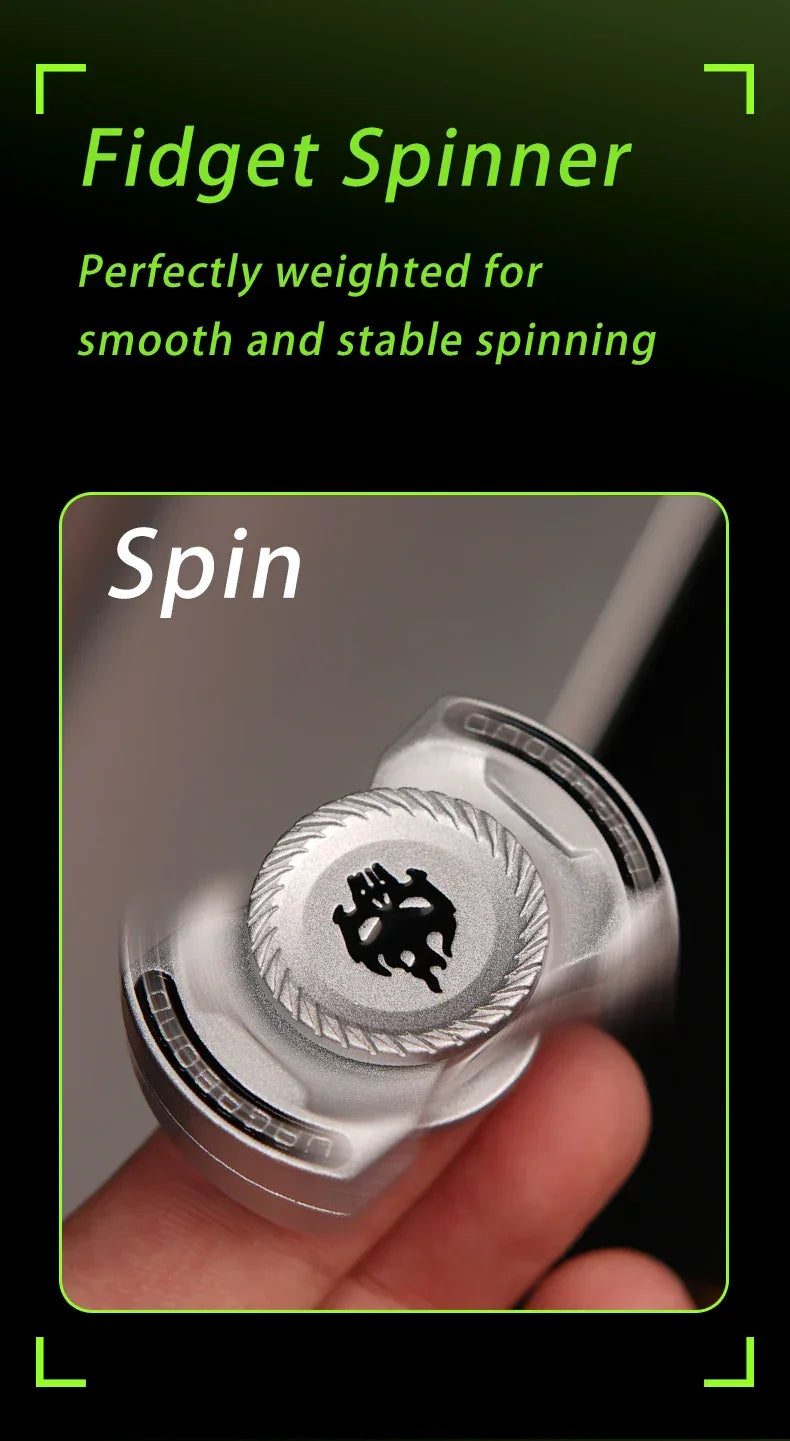 Metal fidget spinner with engraved center, held between fingers, smooth fast spinning
