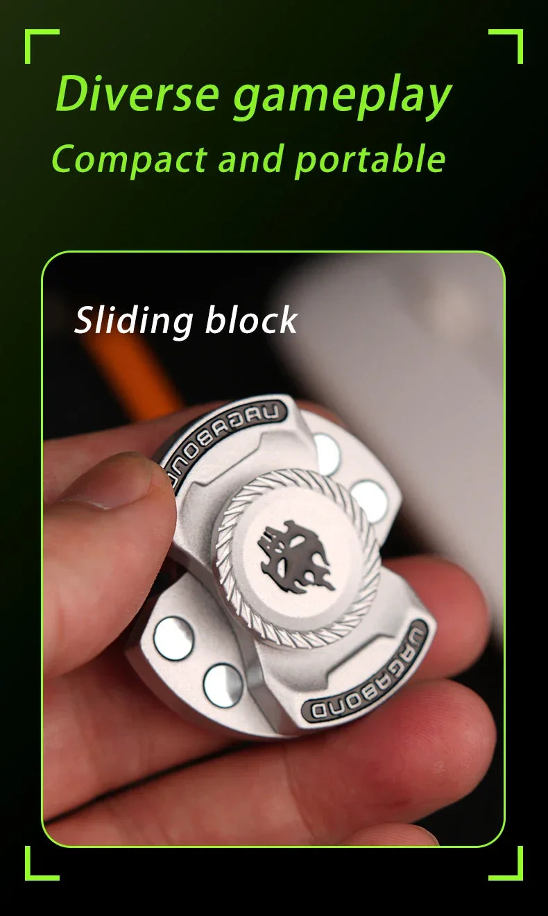 Hand holding a compact metal fidget spinner with sliding block feature, close-up view